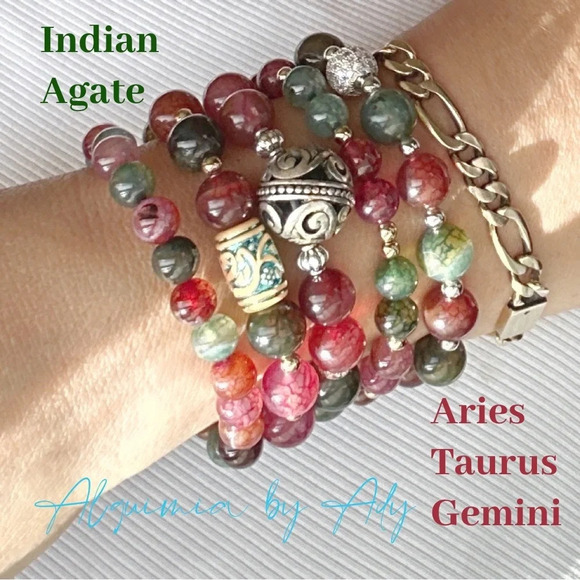 Indian Agate beaded bracelet protection crystal for Taurus /chunky Guadalupana - Picture 5 of 8